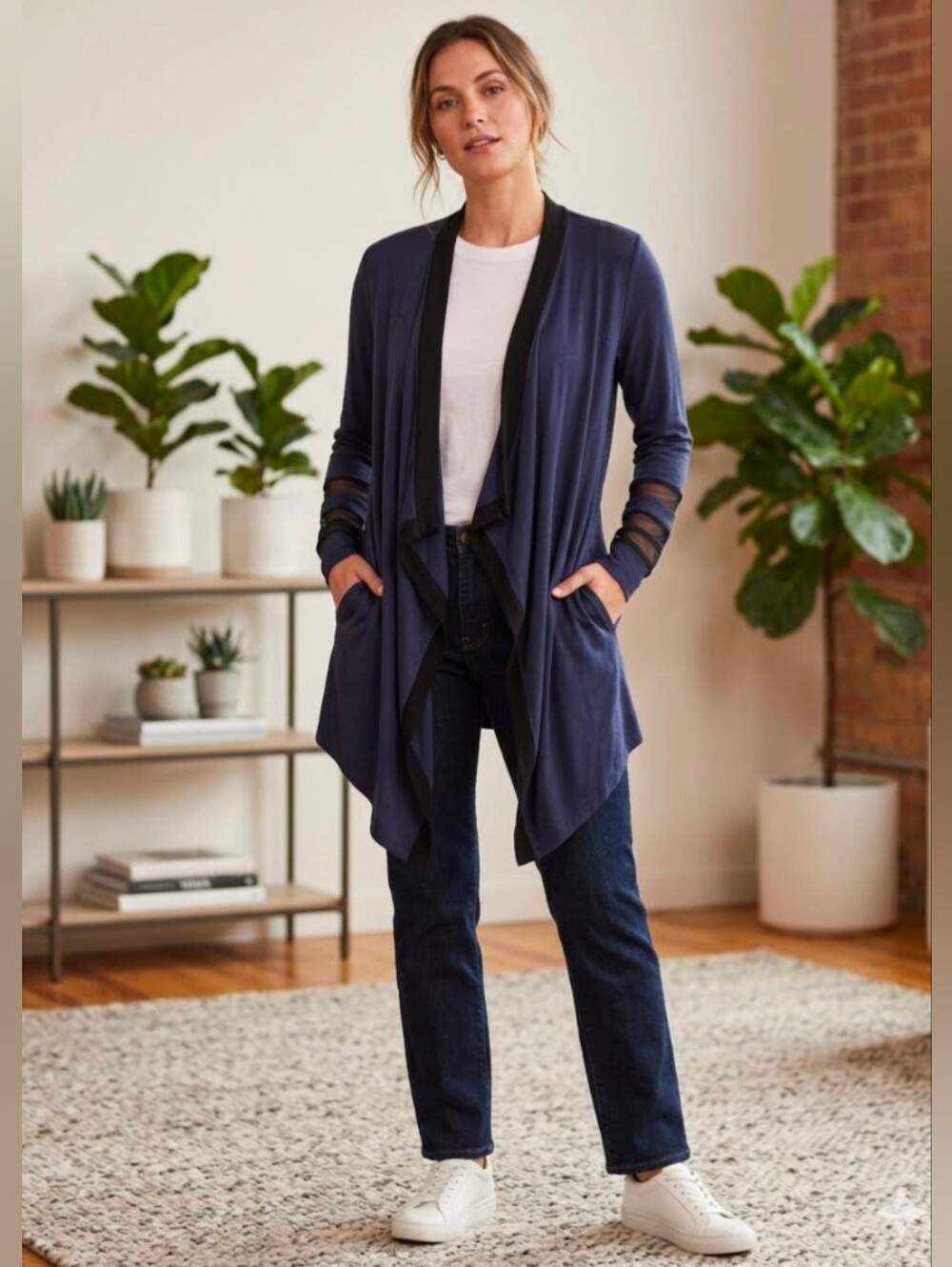 bobi Blue Black Open Cardigan Pockets Sheer Mesh Sleeve Accents Size S